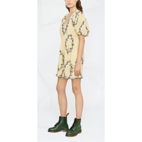 Ganni Womens Floral Print Pleated Georgette Mini Dress Pale Yellow Black Smocked - Picture 4 of 16